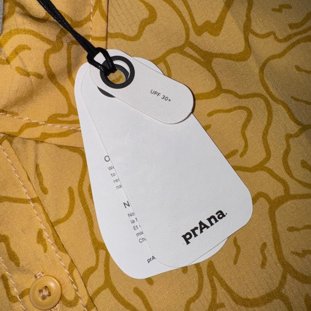prAna Lost Sol Printed SS Shirt Mens Pollen Feelings Yellow XL NEW - Picture 7 of 10